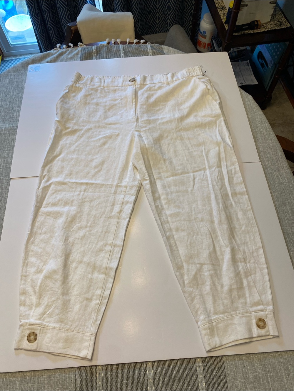 Women's White Linen Crop Chinos with Button Cuff